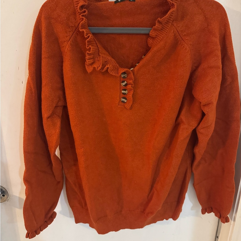 Elegant Orange V-Neck Sweater with Ruffle Trim